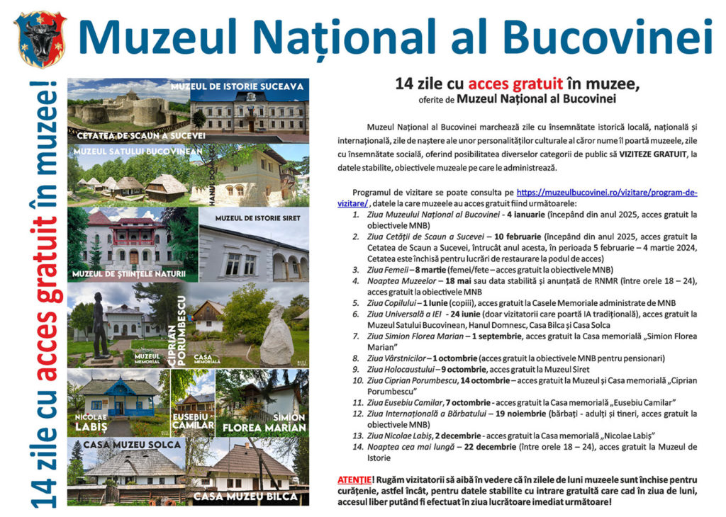 14 zile cu acces gratuit la muzeele din cadrul Muzeului Național al Bucovinei
