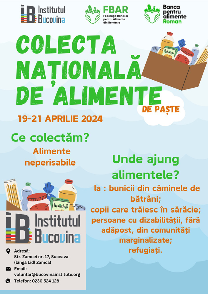 Asociația Institutul Bucovina a dat startul campaniei "Colecta națională de alimente", în ;apte magazine din Suceava