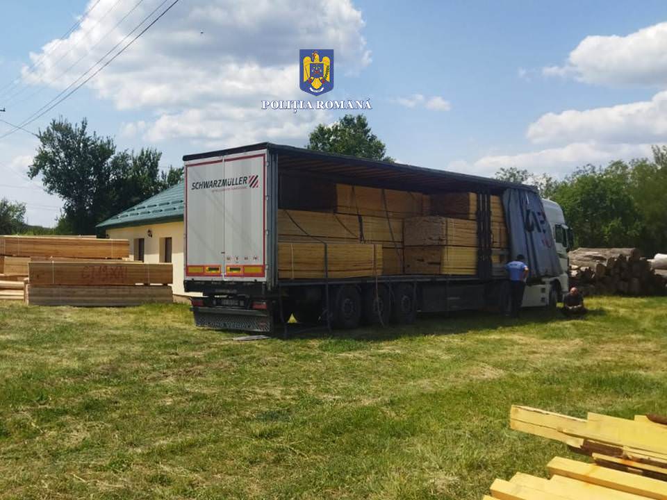 Două ansambluri de vehicule confiscate pentru transport ilegal de material lemnos