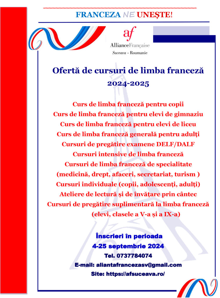 Asociația Alianța Franceză din Suceava demarează o nouă sesiune de cursuri anuale destinate publicului larg