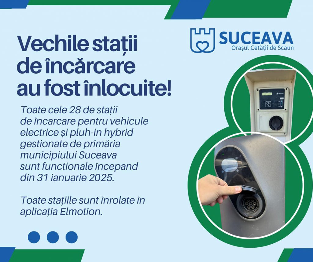 Primăria Municipiului Suceava a anunțat finalizarea modernizării rețelei de stații de încărcare pentru vehicule electrice și plug-in hybrid