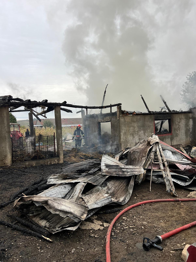 Un scurtcircuit a provocat un incendiu puternic în Antoceni, distrugând anexe, un ATV și tone de furaje