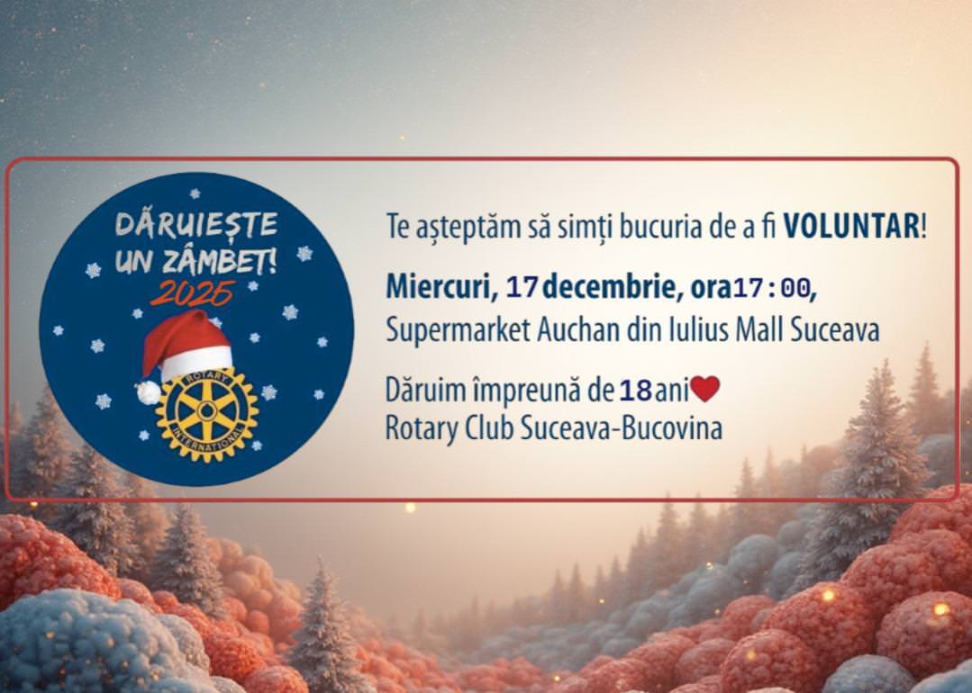 Peste o sută de copii vor primi daruri la Iulius Mall Suceava prin campania „Dăruiește un zâmbet” a Clubului Rotary Suceava Bucovina