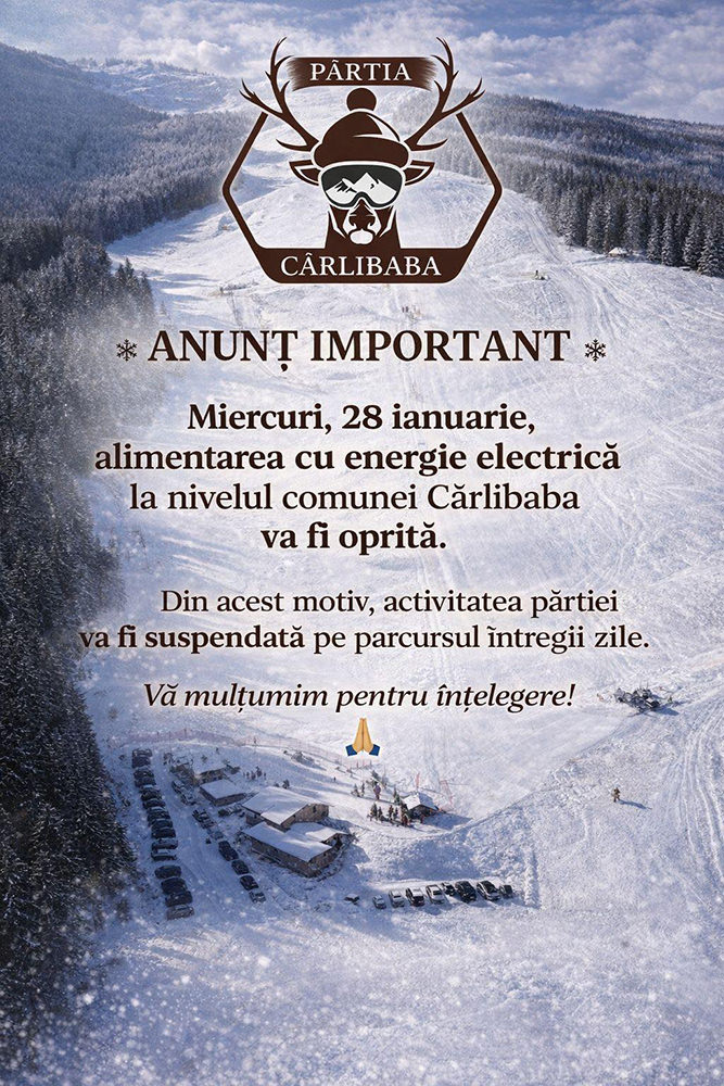 Activitatea pe Pârtia Stânișoara din Cârlibaba va fi suspendată miercuri din cauza întreruperii curentului electric