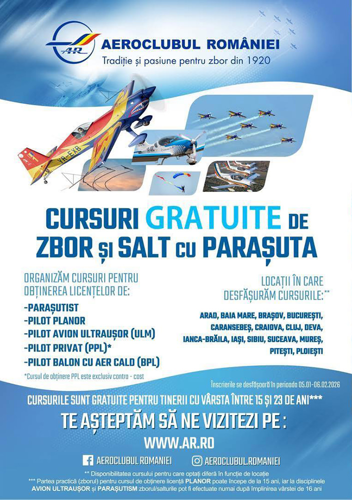  Aeroclubul Teritorial Grigore Baștan (Suceava) din Salcea recrutează tineri pentru cursuri gratuite de planorism și parașutism