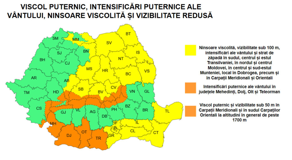 ANM anunță cod portocaliu de viscol la munte