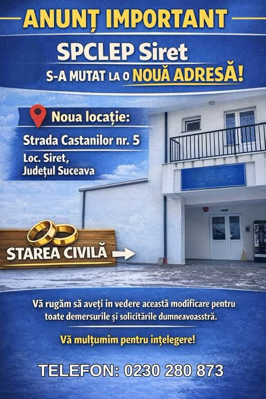 Serviciile de evidență a persoanelor și de stare civilă din Siret funcționează, de astăzi, într-un sediu nou