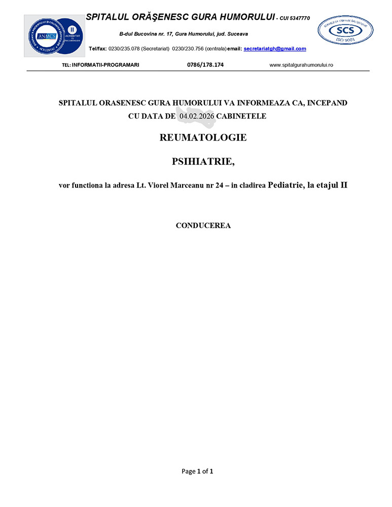 Cabinetele de Reumatologie și Psihiatrie ale Spitalului Orășenesc Gura Humorului s-au mutat la o nouă adresă