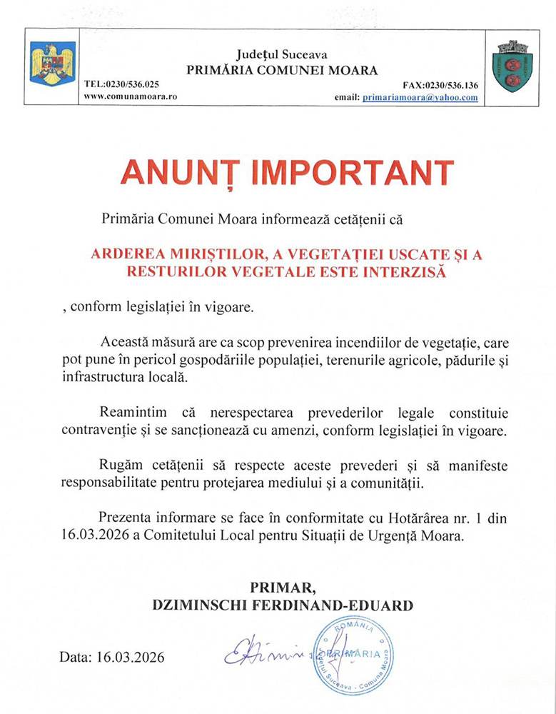 Arderea vegetației uscate este strict interzisă prin hotărâre oficială
