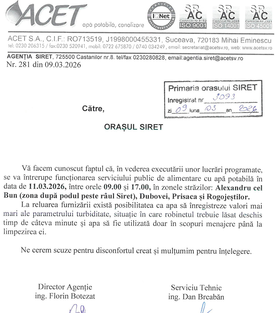 Patru străzi dn Siret vor rămâne fără apă potabilă miercuri, 11 Martie 2026