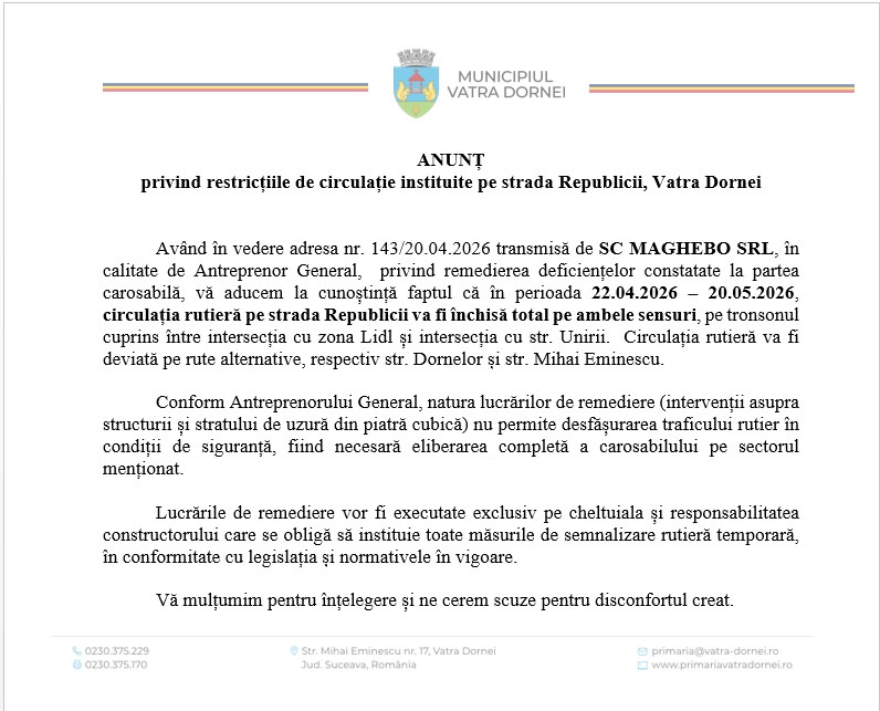 Strada Republicii din Vatra Dornei, oprită traficului pentru remedierea deficiențelor la carosabil