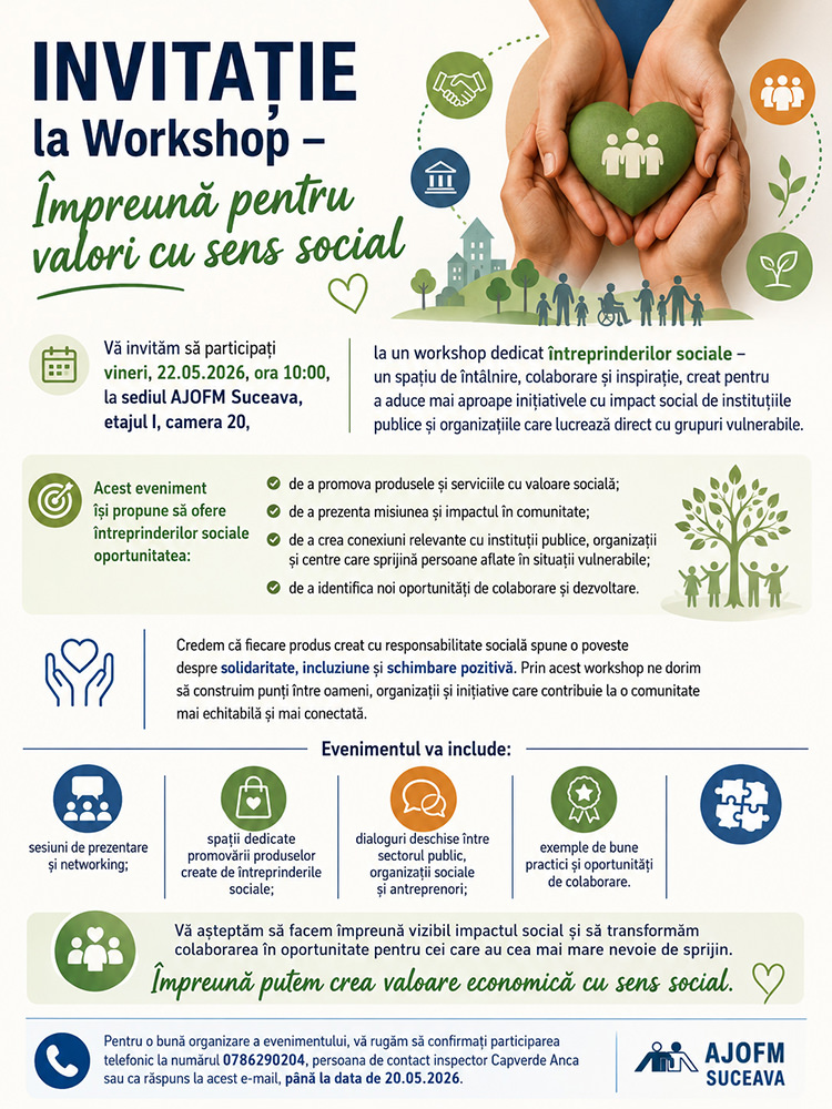 AJOFM Suceava organizează vineri un workshop dedicat întreprinderilor sociale și incluziunii grupurilor vulnerabile