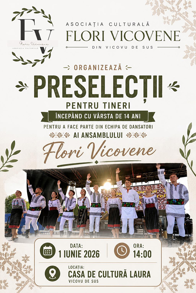 Ansamblul folcloric Flori Vicovene din Vicovu de Sus organizează preselecții pentru tineri dansatori