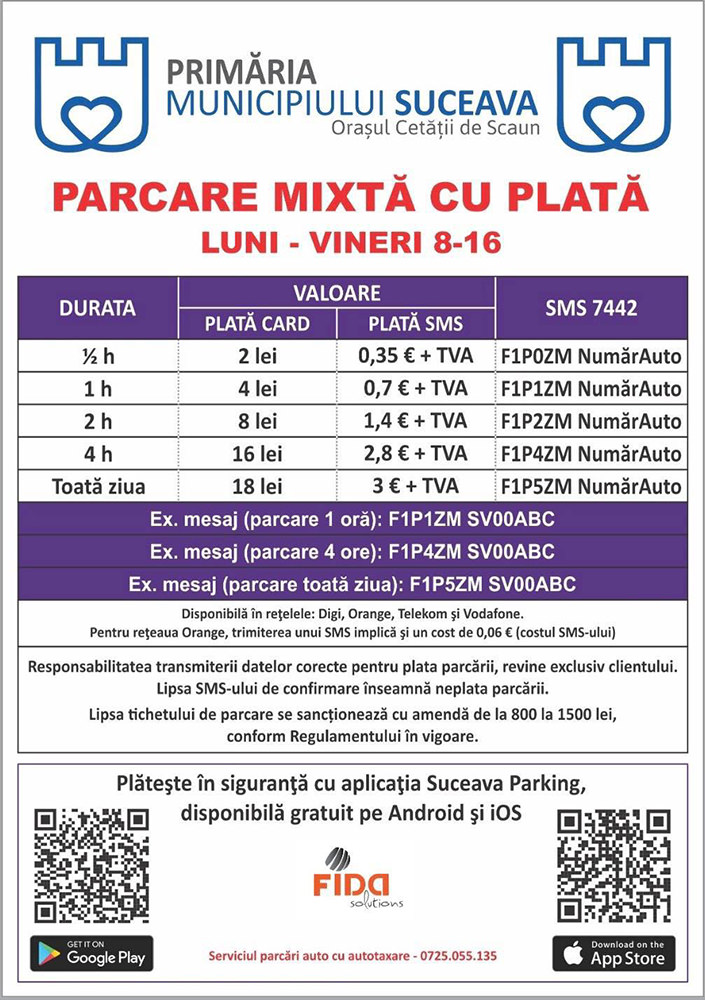 Primăria Municipiului Suceava începe emiterea abonamentelor de parcare pentru riveranii din zonele Aleea Nucului și Ciprian Porumbescu