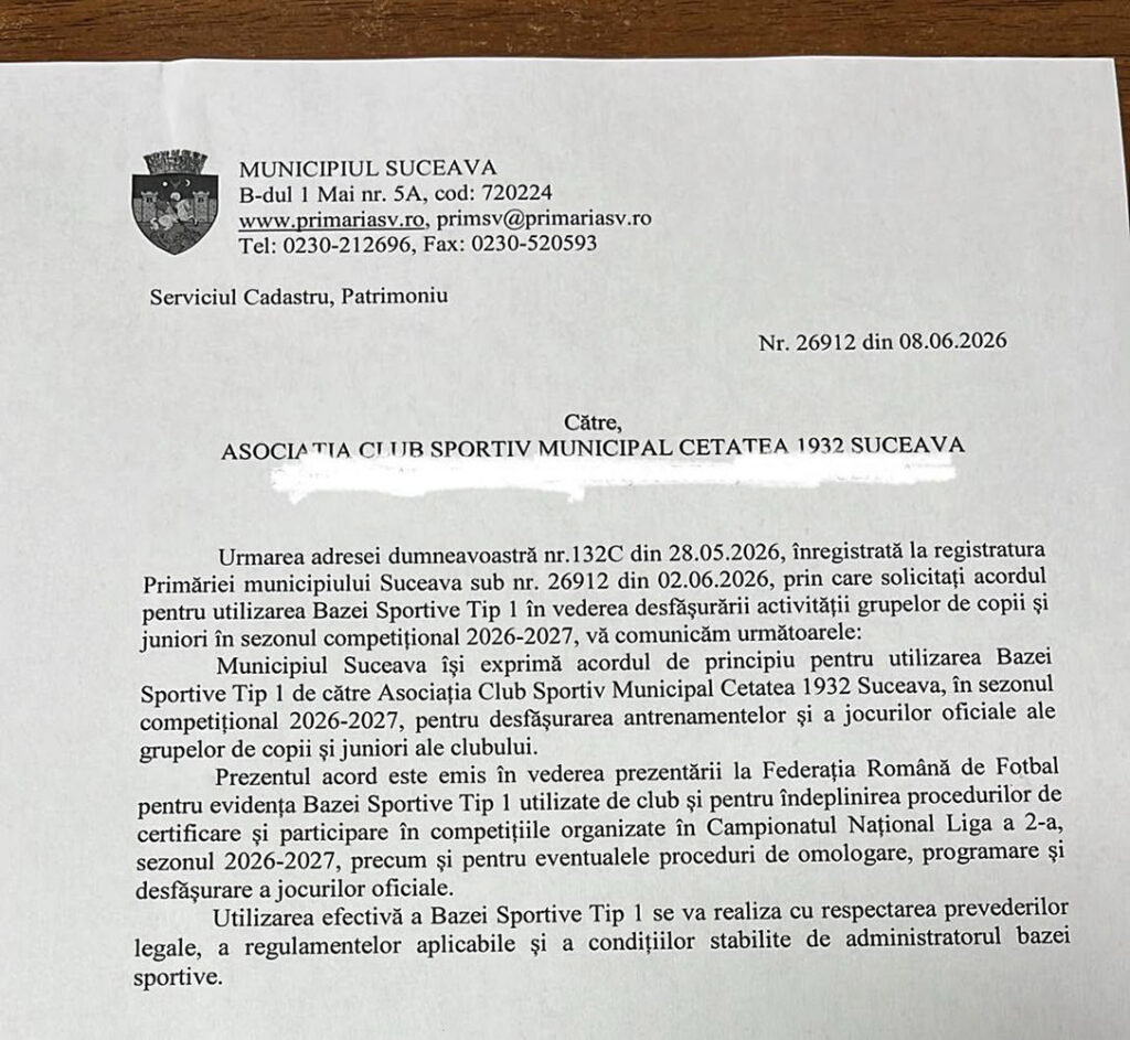 Cetatea 1932 Suceava va putea folosi baza sportivă pentru sezonul competițional 2026-2027