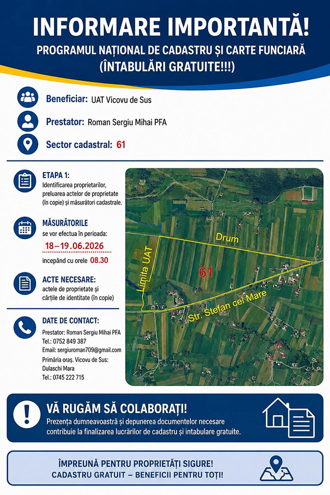 Intabulare gratuită în orașul Vicovu de Sus