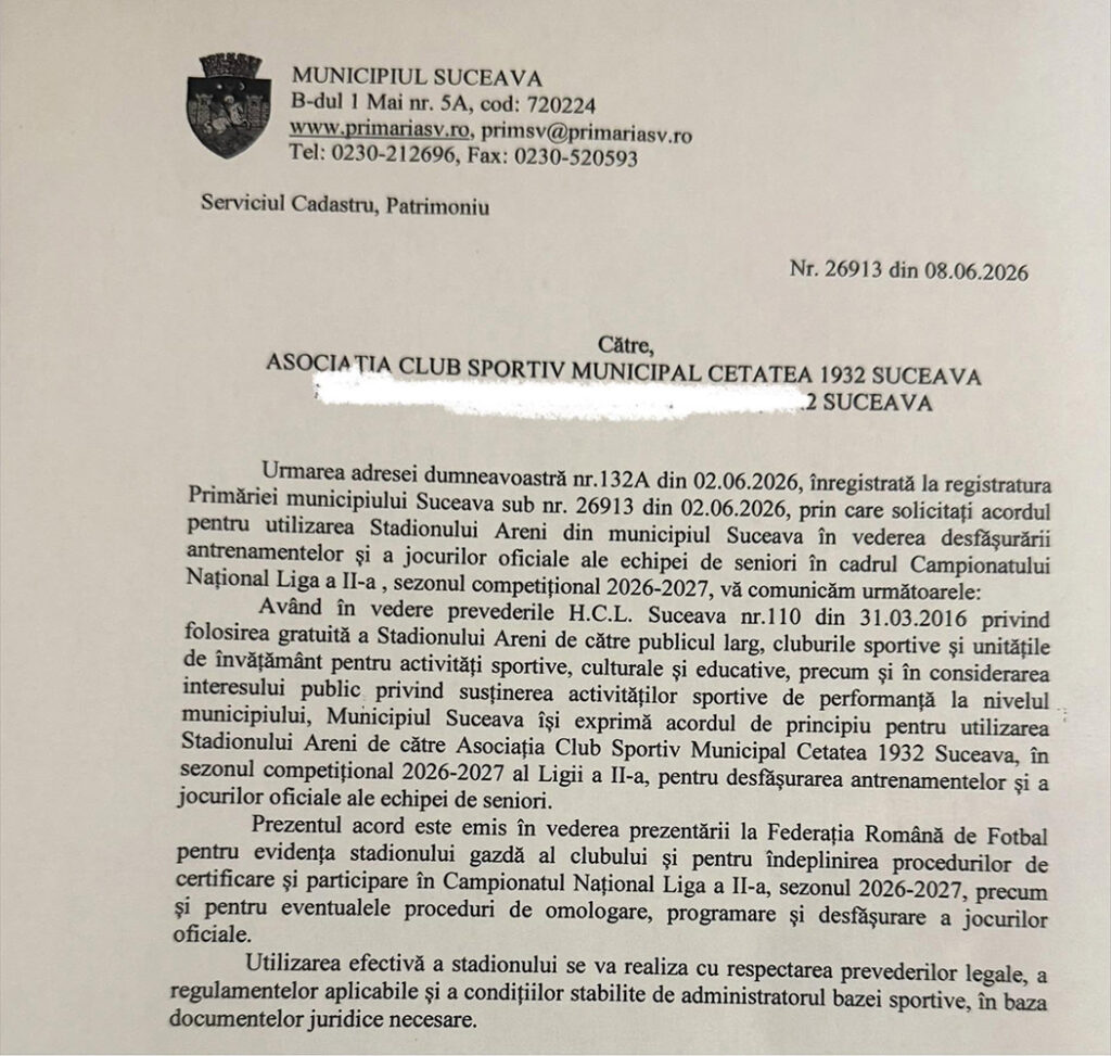 Stadionul Areni va găzdui meciurile ACS Municipal Cetatea 1932 Suceava în Liga a 2-a
