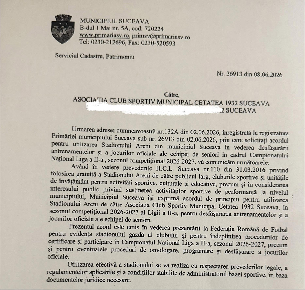 Stadionul Areni va găzdui meciurile ACS Municipal Cetatea 1932 Suceava în Liga a 2-a