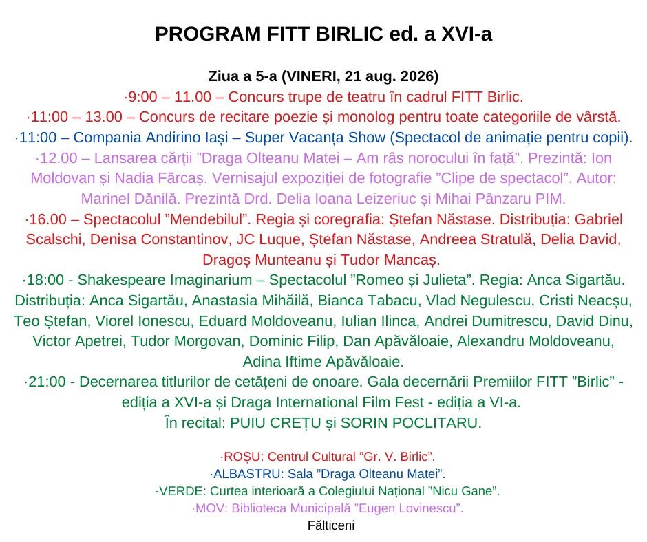 Festivalul Internațional de Teatru pentru Tineret Grigore Vasiliu Birlic (2026) - program