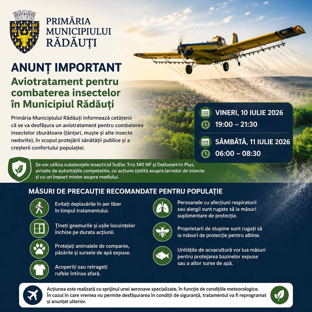 Primăria Municipiului Rădăuți anunță un aviotratament pentru combaterea insectelor