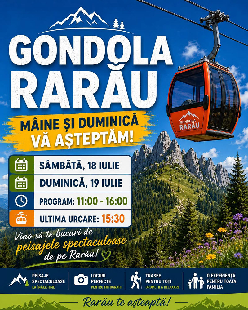 Telegondola Rarău din Câmpulung Moldovenesc va funcționa în weekendul 18-19 Iulie 2026