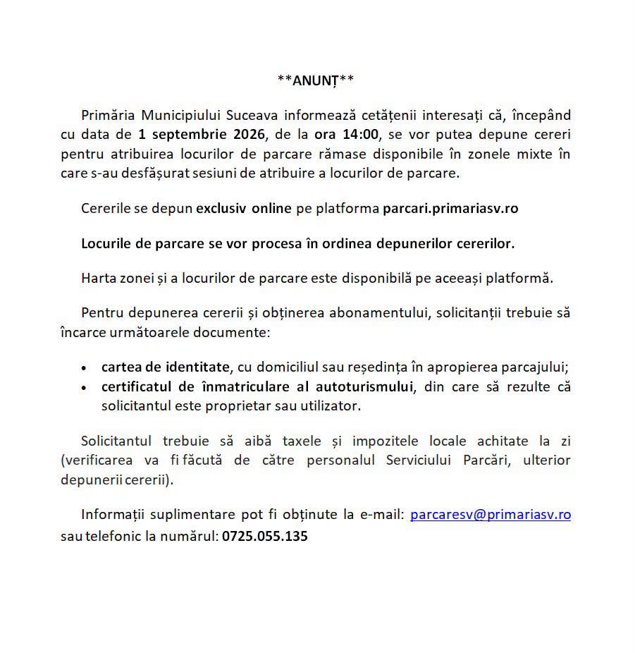 Primăria Municipiului Suceava deschide o nouă etapă pentru atribuirea locurilor de parcare disponibile