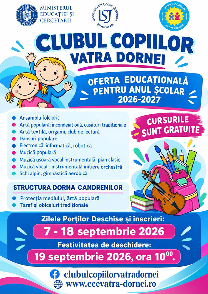 Clubul Copiilor Vatra Dornei și-a prezentat oferta de cursuri gratuite pentru anul școlar 2026-2027
