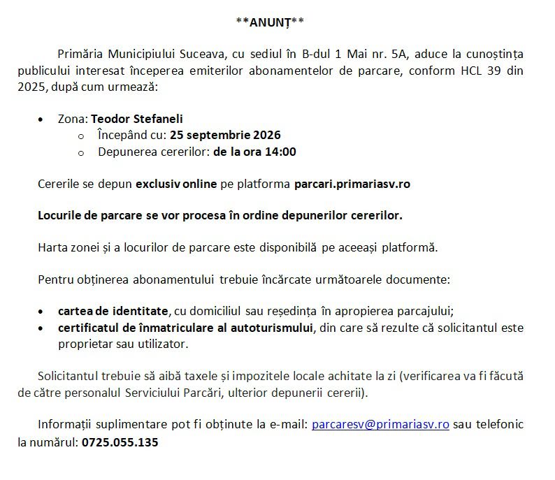 Începe emiterea abonamentelor pentru locurile de parcare din zona Teodor Ștefaneli din Suceava