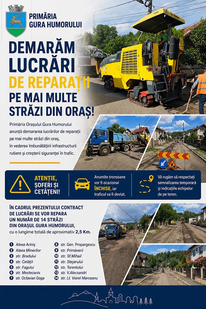 Lucrări de reparații pe 14 străzi din Gura Humorului, pe o lungime totală de aproximativ 2,5 kilometri