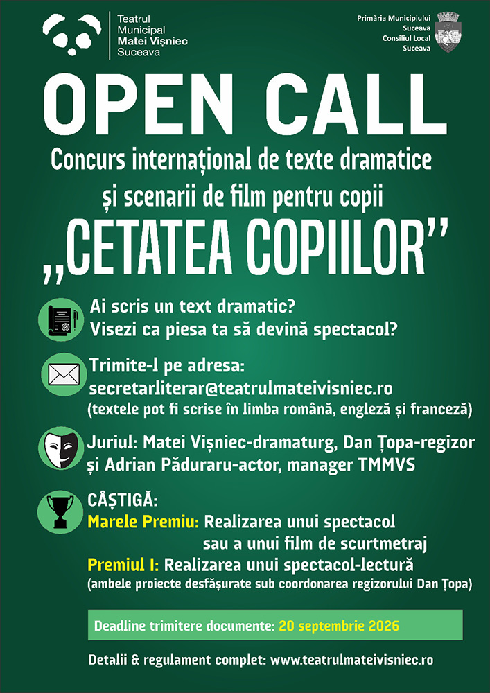 Teatrul Municipal Matei Vișniec din Suceava organizează un concurs internațional de texte dramatice și scenarii de film pentru copii