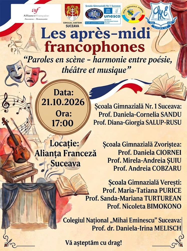 Elevii din patru școli sucevene prezintă spectacole de teatru, muzică și poezie în limba franceză