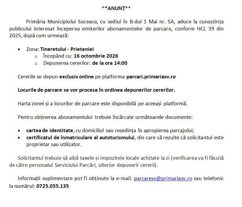 Primăria Municipiului Suceava începe emiterea abonamentelor de parcare pentru zona Tineretului - Prieteniei